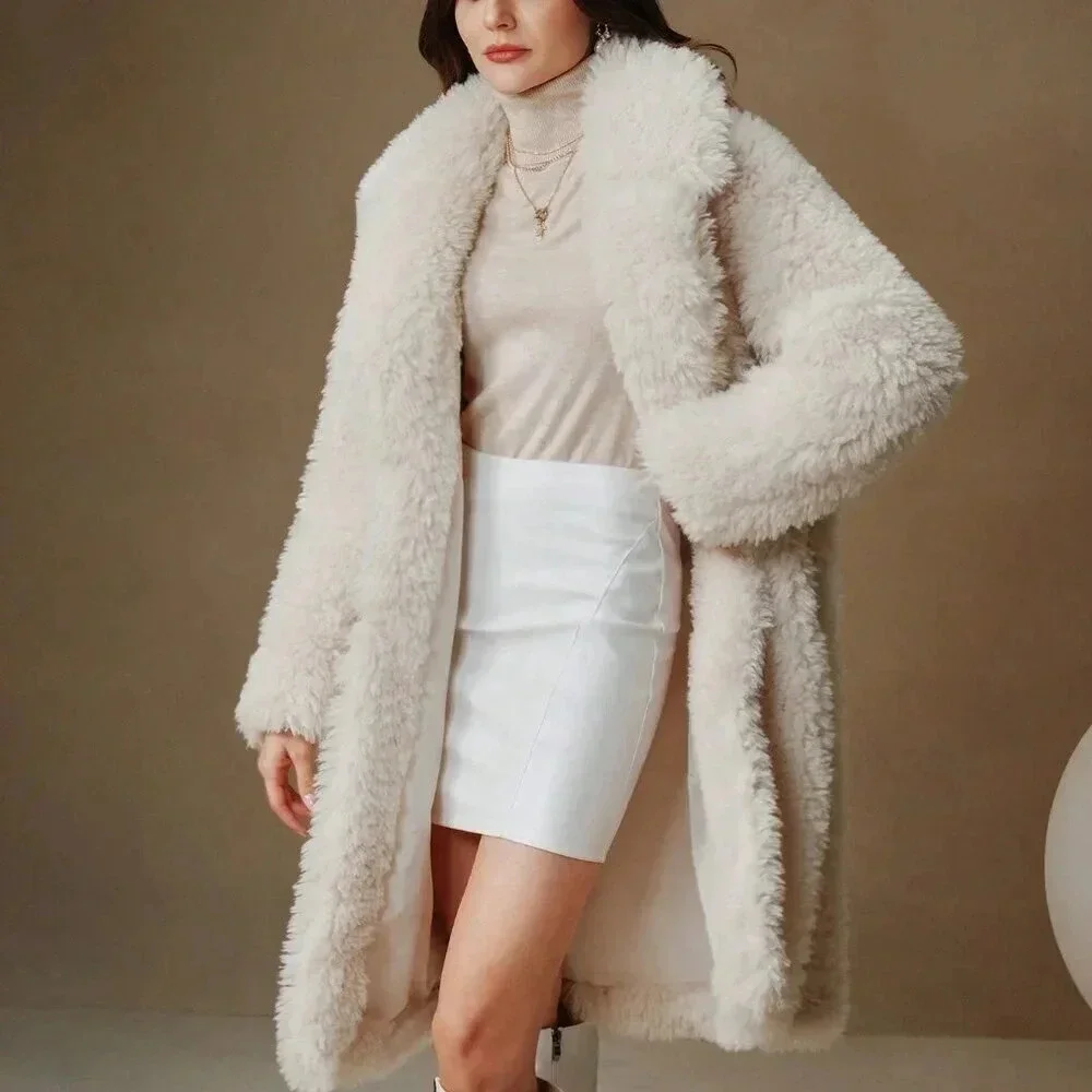 Beige Casual Women's Fluffy Faux Fur Long Classic Versatile Coat - Picture 5 of 5